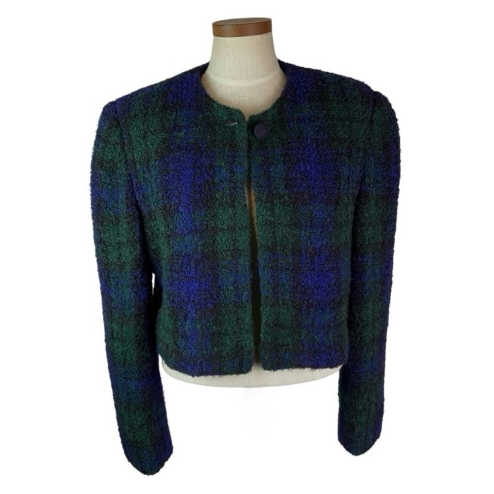 Vintage 90s Linda Allard Ellen Tracy Plaid Boucle Cropped Blazer 14